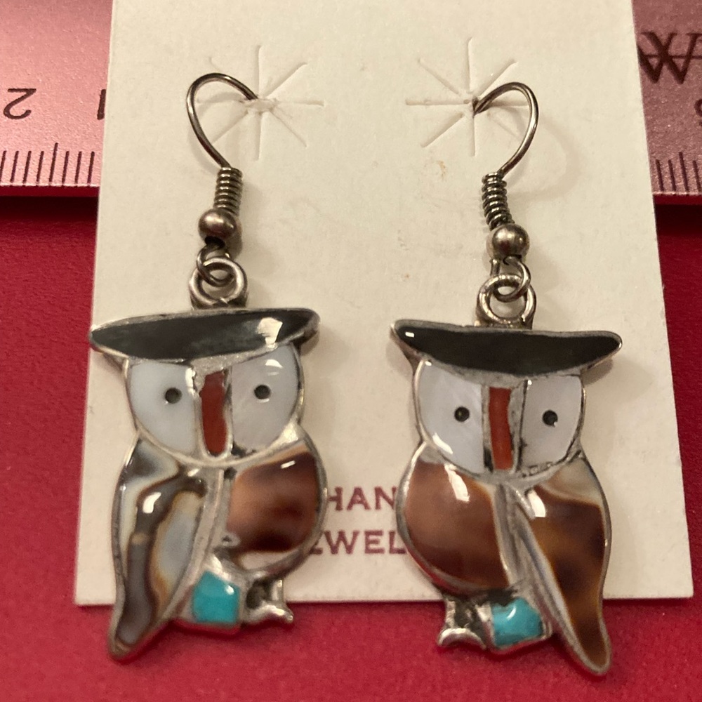 Zuni Owl Earrings Multi Stone